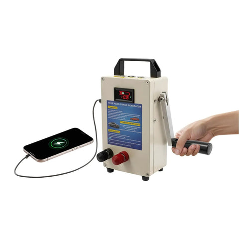 Hella Durable Hand Crank Generator, Portable 15600mAh Power Station For Emergency Backup charging a smartphone with hand crank.