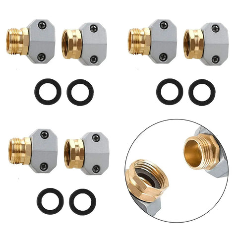 Heavy Duty 3-Pack Garden Hose Repair Kit With Rust Proof Aluminum And Zinc Alloy End Mender For Quick Leak Fixes Fit 5/8 Or 3/4 Hoses Male Female Connector Clamps No More Wasting Money On New Hoses. three hose menders, O-rings, and close-up connector detail