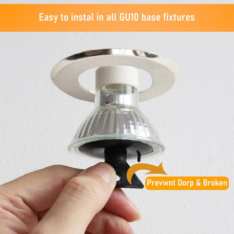 Hand holding 50W GU10 Halogen Bulb for Candle Warmer Lamps, showing easy installation in GU10 base.