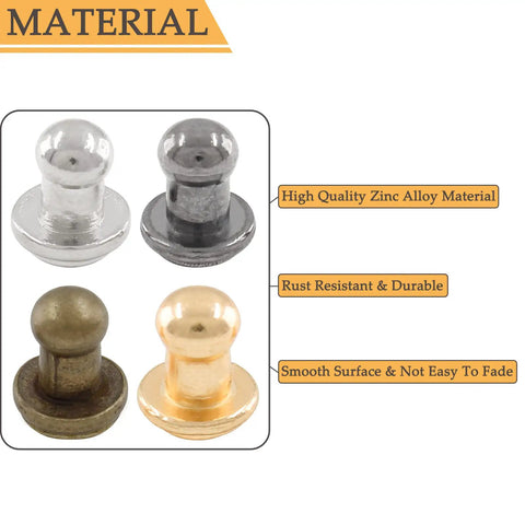 Supercharge Your Daily Craft Gear With Slick Heavy Duty Metal Button Studs And Rivets Perfect For Leather Work Sewing And Dope Accessory Making Premium Zinc Alloy Mixed Silver Gold Black Bronze Shiny Finish One Hundred Piece Set showing four metal button studs in silver, black, bronze, and gold.
