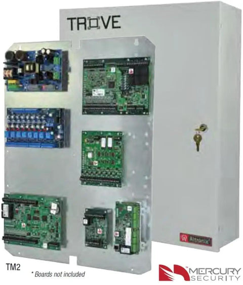 Trove Two Series Access And Power Integration Enclosure With Removable Backplane displaying several circuit boards in sleek steel housing.