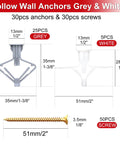 Hollow Wall Anchors Kit With Screws Grey And White Plastic Drywall Anchors Set Of 60 And 30 Screws Self Drilling Zinc Plated Hardware