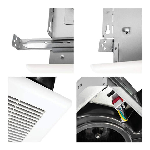 Ultra Quiet 80 CFM Bathroom Exhaust Fan With PSC Motor, Low Hum, detail of blower wheel, wiring, and galvanized steel housing