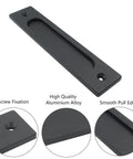 Two Piece 7 Inch Flush Pull Recessed Barn Door Handle In Sleek Matte Black Aluminum Alloy angle view showing smooth pull edge and screw fixation