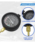 UHANBUT automotive fuel pump and vacuum tester gauge with brass connector; black front-view dial with white scale.