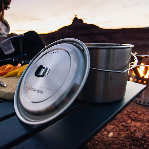 Two Pot Stainless Steel Camp Stove Set With Three Liter And One And A Half Liter Pots, Vent Holes And Silicone Coated Tabs, campfire backdrop