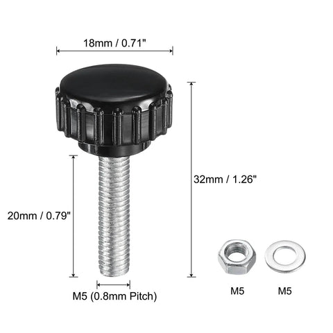 Beefy 8 Sets Knurled Knobs Thumb Screws With Nuts And Washers, M5 x 20mm Male Thread, shown with measurements.