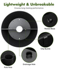 Diagram of No Fuss 2 In 1 Umbrella Planter For Patio Table And Pole With Umbrella Hole Fits Poles Up To Two Inches Diameter Half Round Flower Pots Wrap Around PVC Post Black showing raised base, clip buckle, pole hole, and drainage hole.
