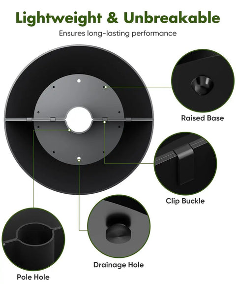 Diagram of No Fuss 2 In 1 Umbrella Planter For Patio Table And Pole With Umbrella Hole Fits Poles Up To Two Inches Diameter Half Round Flower Pots Wrap Around PVC Post Black showing raised base, clip buckle, pole hole, and drainage hole.
