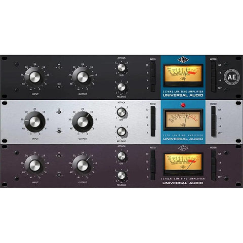 Stacked Universal Audio limiters with meters and knobs for precise audio control