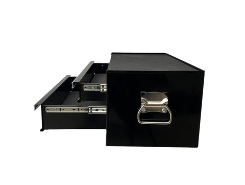 Side view of Beefy Two Drawer Portable Metal Tool Chest Cabinet with Ball Bearing Drawer Slides and 26 Inch Steel Storage Box Organizer