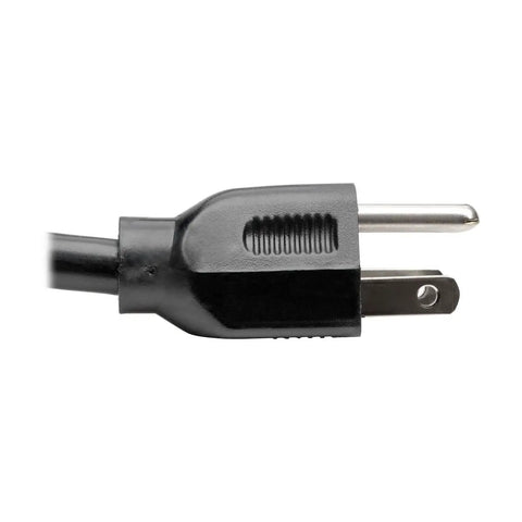 Close-up of plug end of heavy duty power extension cord 15 amp 14 AWG 6 foot NEMA 5-15P to NEMA 5-15R black ideal for computers.