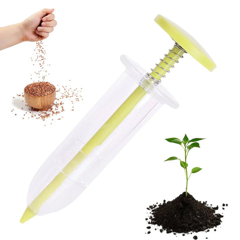 Go To Seed Spreader And Sowing Tool For Gardeners With Ergonomic Design Reusable Seeder shown with seeds and seedlings