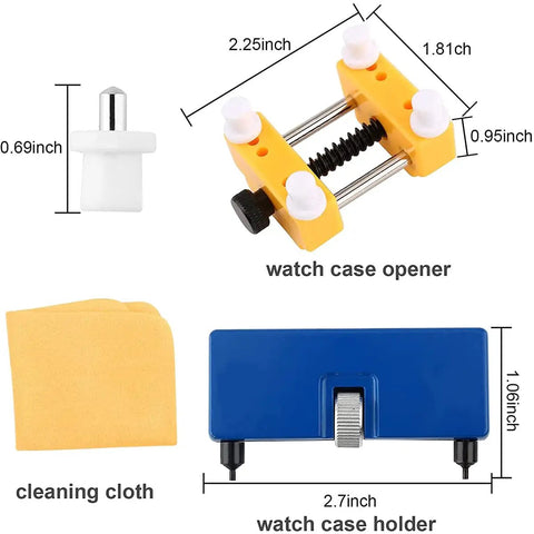 9 Piece Watch Battery Replacement Tool Kit with back case opener, watch holder, cleaning cloth shown with dimensions.