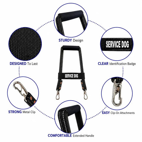 Heavy Duty Leather Bridge Handle For Service Dogs Featuring Solid Steel Core Reflective Trim Ergonomic Dual Ring Harness Compatible 16 Inch Badass Pup Parent Guide Tool