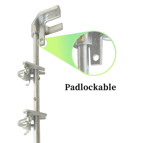 Close-up of Heavy Duty Pull Style Chain Link Fence Gate Latch with padlock feature, designed for 1-3/8 inch tubing.