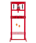 Badass 12 Ton Hydraulic H Frame Shop Press With Adjustable Workbench For automotive repair and metal projects, featuring a sturdy red frame.