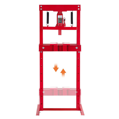 Badass 12 Ton Hydraulic H Frame Shop Press With Adjustable Workbench For automotive repair and metal projects, featuring a sturdy red frame.