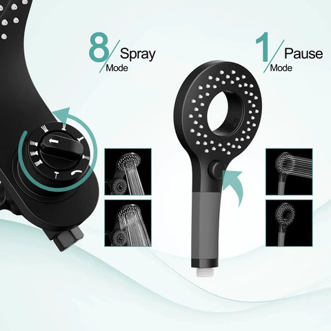 Magnetic Shower Faucet With Handheld Sprayer Easy Docking Two In One Dual Shower Head And On Off Switch For Water Saving One Point Eight GPM Matte Black Shower Combo Featuring Eight Spray Wand And Extra Long Anti Kink Hose showing spray modes