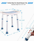 Shower Stool With Free Loofah Sponge And Toiletry Bag Inside Shower Bathtub Chair Height Adjustable Bath Seat For Seniors And Disabled No-Hassle Tool Free Assembly 350 Pound Capacity shown with height adjustments.