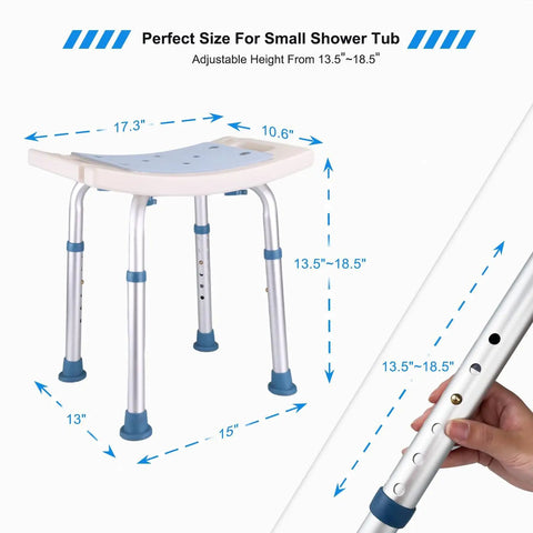 Shower Stool With Free Loofah Sponge And Toiletry Bag Inside Shower Bathtub Chair Height Adjustable Bath Seat For Seniors And Disabled No-Hassle Tool Free Assembly 350 Pound Capacity shown with height adjustments.