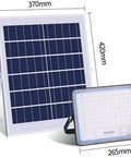 Street Lighting Ip67 Waterproof Solar Flood Light 200W High Power Led with solar panel and light dimensions shown.