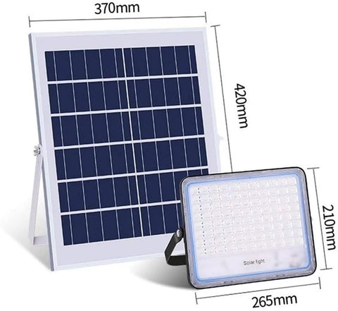 Street Lighting Ip67 Waterproof Solar Flood Light 200W High Power Led with solar panel and light dimensions shown.