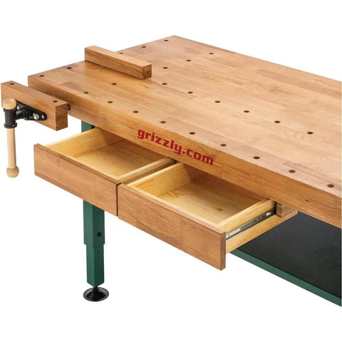 Heavy Duty Solid Oak Workbench With Bulletproof Steel Legs And Dual Vise Setup featuring storage drawers and holes in the oak top.