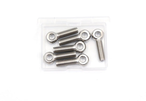 Heavy Duty 304 Stainless Steel M8 X 30Mm Shoulder Swing Lift Eye Bolts in clear storage case, set of six fasteners.