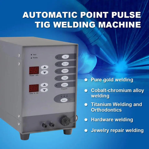 Permanent Jewelry Welder Pro Grade Kit with Pulse Tungsten Arc Spot Welding Machine displaying control panel and settings.
