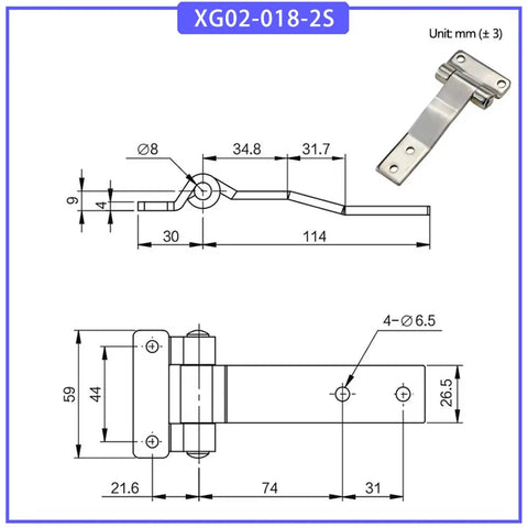 Technical drawing and photo of Stainless Steel Hinge With T Shaped Tongue For Industrial Equipment And Machinery Workhorse Tough Durable 304 Grade Steel 1 Piece Simple Install Rugged Construction For Tough Industrial Use