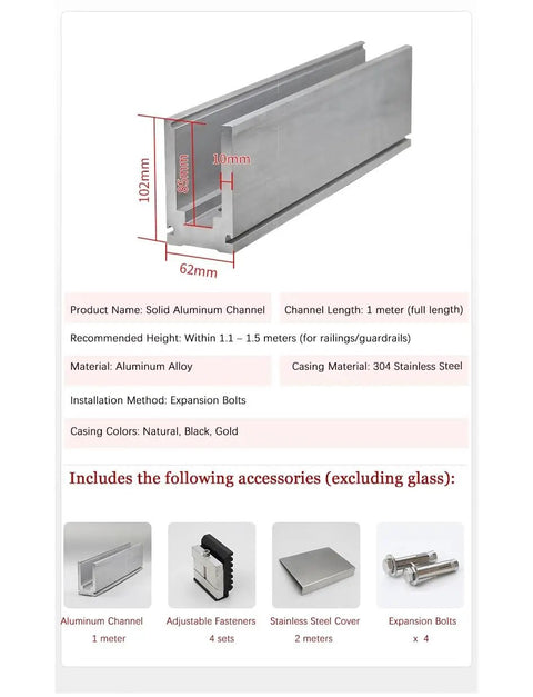 Adjustable Aluminum Glass Spigot Kit Built Tough For Decks And Pools Top Shelf Heavy Duty Rail Post Clamps shown with channel measurements.
