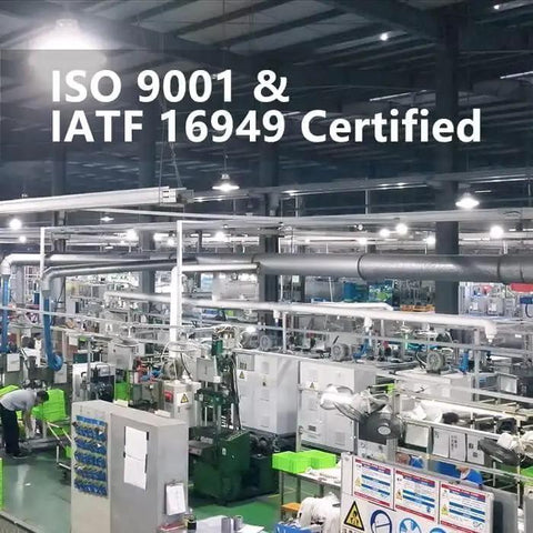 ISO 9001 & IATF 16949 certified manufacturing facility, featuring machinery and assembly line processes.