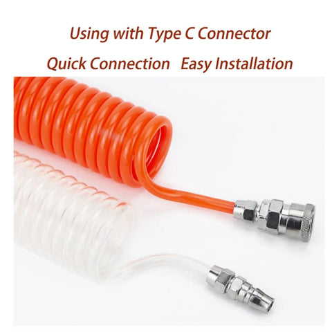 Premium Extra Heavy Duty PU Compressor Hose With A Snappy Flexible Spring Like Fit For Pneumatic Tools, Orange 12X8MM 33Foot Pro Garage Ready Air Tubing Setup, showing orange coil and clear tubing with connectors.