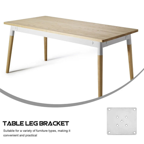 Eight Piece Galvanized Steel Furniture Leg Mounting Plates Built Tough Heavy Duty Hardware For Sofa Chair Table Legs No Sweat Install And Rust Proof Base Design showing wooden table with steel leg bracket.
