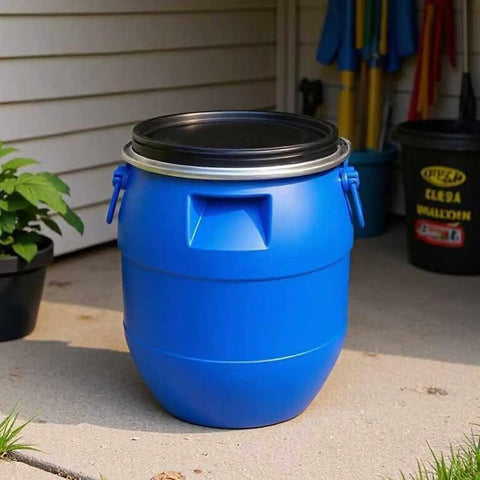 Heavy Duty Food Grade Plastic Barrel With Lid 120L Blue Drum For Home Brewing Storage And Farm Or Industrial Use Leak Proof Seal And Versatile Bulk Liquids Shipping Container on patio