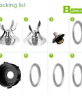 8 Piece Blender Replacement Parts Kit With Ice Crusher Blade And Gaskets For 5 And 6 Cup Jars Includes 4 Point Blade Base Cap Coupler Pin And Seal Gaskets Compatible With Popular Countertop Blenders Not For In2uitive Series, 8-piece parts layout