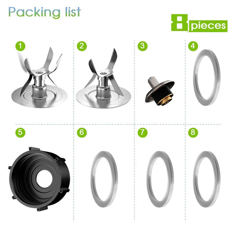 8 Piece Blender Replacement Parts Kit With Ice Crusher Blade And Gaskets For 5 And 6 Cup Jars Includes 4 Point Blade Base Cap Coupler Pin And Seal Gaskets Compatible With Popular Countertop Blenders Not For In2uitive Series, 8-piece parts layout