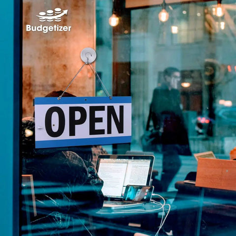 Open Sign Bundle With Business Hours Clock, Will Return Clock, Double Sided Open Closed Sign With Suction Cups on cafe window