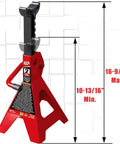 Red steel jack stand from 2 Ton Hydraulic Floor Jack With Two Jack Stands, Heavy Duty Steel Lift Set For Cars, shown with height measurements.