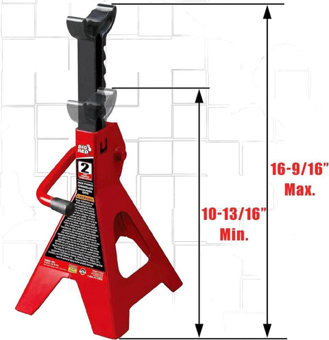 Red steel jack stand from 2 Ton Hydraulic Floor Jack With Two Jack Stands, Heavy Duty Steel Lift Set For Cars, shown with height measurements.