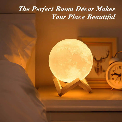 Large Moon Lamp 7.1-Inch with Wooden Base, touch dimmable dual color night light on bedside table decor for bedroom