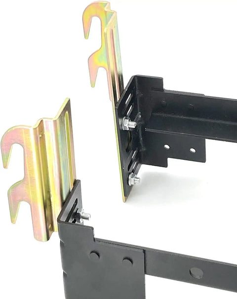 Top Shelf Galvanized Steel Bed Frame Conversion Brackets Four Pack showing adjustable hook setup for easy installation.