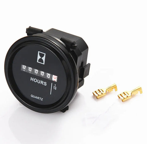 Beefy Built Tough Mechanical Engine Hour Meter Gauge For 8 To 80 Volt DC Or 110 To 250 Volt AC Systems Tracks Running Hours To 99,999.9 0.1 Hour Resolution Simple 2-Inch Round Mount Ideal For Boats ATVs UTVs Snowmobiles Lawn Tractors Generators, black 2-inch round quartz hour meter with terminals