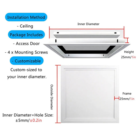 8x8 Heavy Gauge Aluminum Ceiling Access Panel With Smooth White Removable Drywall Cover For Rad Home Reno and Package details with dimensions.