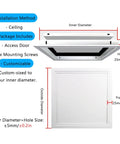 Heavy Duty White Aluminum Drywall Access Panel Removable Wall Hole Cover 8 By 8 Inch installation details and dimensions chart.