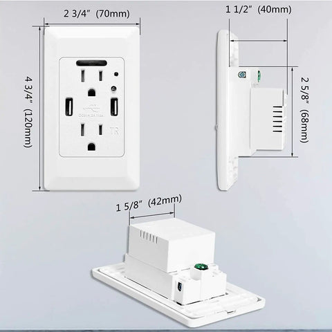 Rock Solid 15 Amp USB Wall Outlets With Auto Nightlight 4.2A Fast Charge Duplex Receptacle AC Socket Sensing Wall Plates Crisp White dimensions and design features.