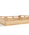 Full Size Floor Platform Bed For Toddlers With Full Length Guardrails On Three Sides Keeps Kiddo Sleepers Safe From Rolling Off Low Profile 16.5 Inch Bed Frame No Box Spring Needed Natural Wood Finish, showing side view with solid wood guardrails.