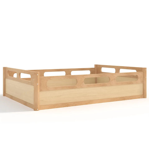 Full Size Floor Platform Bed For Toddlers With Full Length Guardrails On Three Sides Keeps Kiddo Sleepers Safe From Rolling Off Low Profile 16.5 Inch Bed Frame No Box Spring Needed Natural Wood Finish, showing side view with solid wood guardrails.