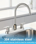 Top Shelf 8 Inch Centerset Kitchen Faucet With Dual Handles And High Arc 360 Swivel Spout In Sleek Brushed Nickel mounted on a three hole sink.